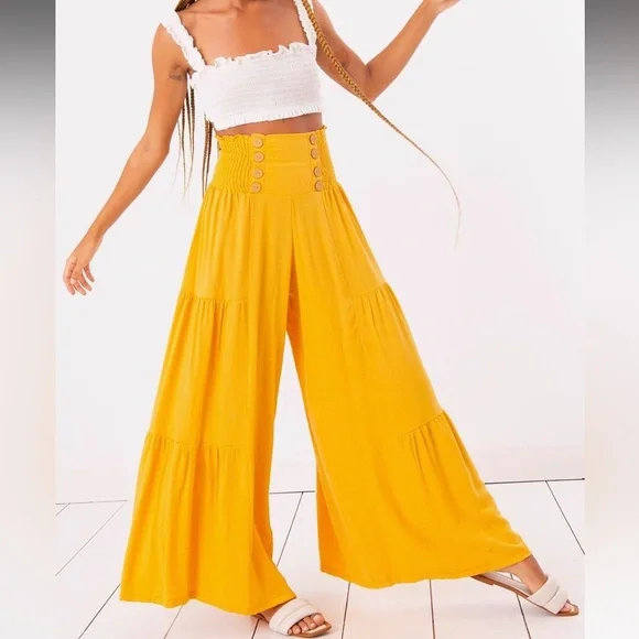 Boho Wide Leg Pants With Buttons - Picture 2 of 4